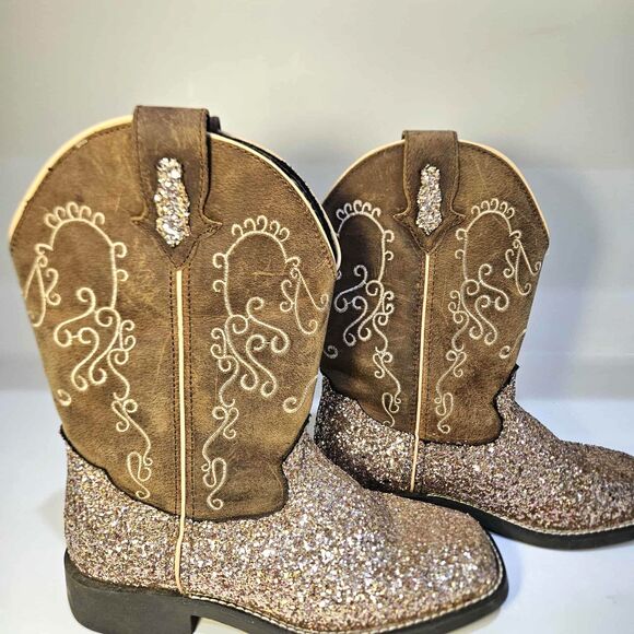 Shyanne Sparkle Plenty Square Toe Girls 4D Rose Gold Glitter Boot Mid Calf - Picture 2 of 13